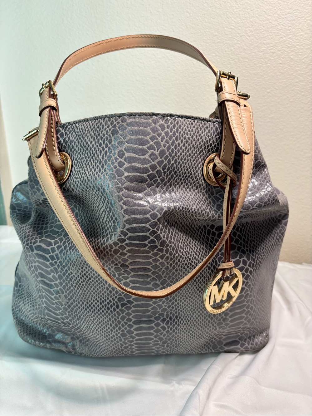 Michael Kors Jet Set Python-Embossed Leather Shoulder Bag with Tan Handles